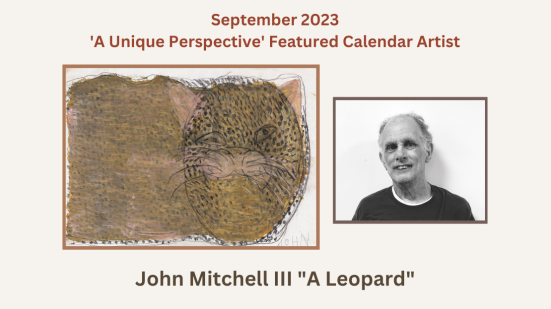 Portrait of a male artist and his painting of a leopard from "A Unique Perspective" calendar