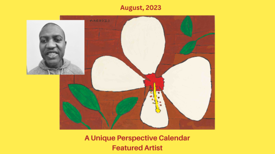 Portrait of male artist with abstract flower painting from "A Unique Perspective" calendar