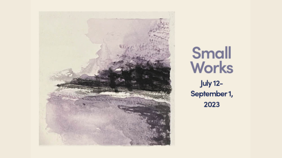 Abstract purple and black painting on a tan background with text "Small Works"