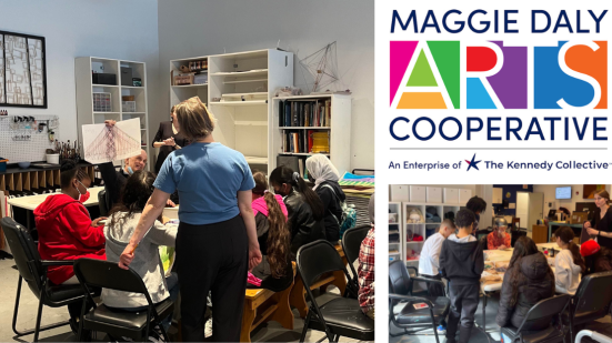 Two images of people sitting at table making art with Maggie Daly Arts Cooperative logo