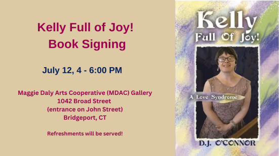"Kelly Full of Joy! Book Signing" with an image of a smiling woman on a colorful background.