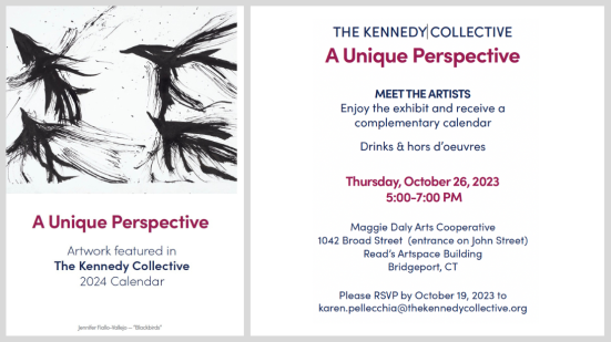 Graphic displaying "A Unique Perspective: Artwork featured in The Kennedy Collctive 2024 Calender" and event invite details