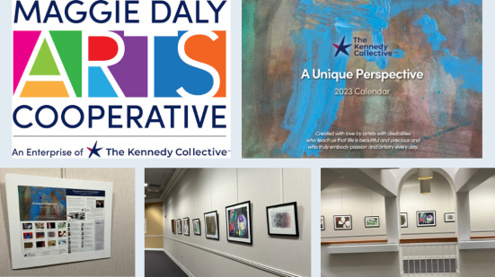 "A Unique Perspective" calendar next to Maggie Daly Arts Cooperative logo and images of an art show.